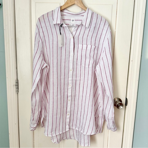 NWT Gap 100% Linen Boyfriend Shirt XL Tall Button Down Pinstripe Oversized - Picture 3 of 13